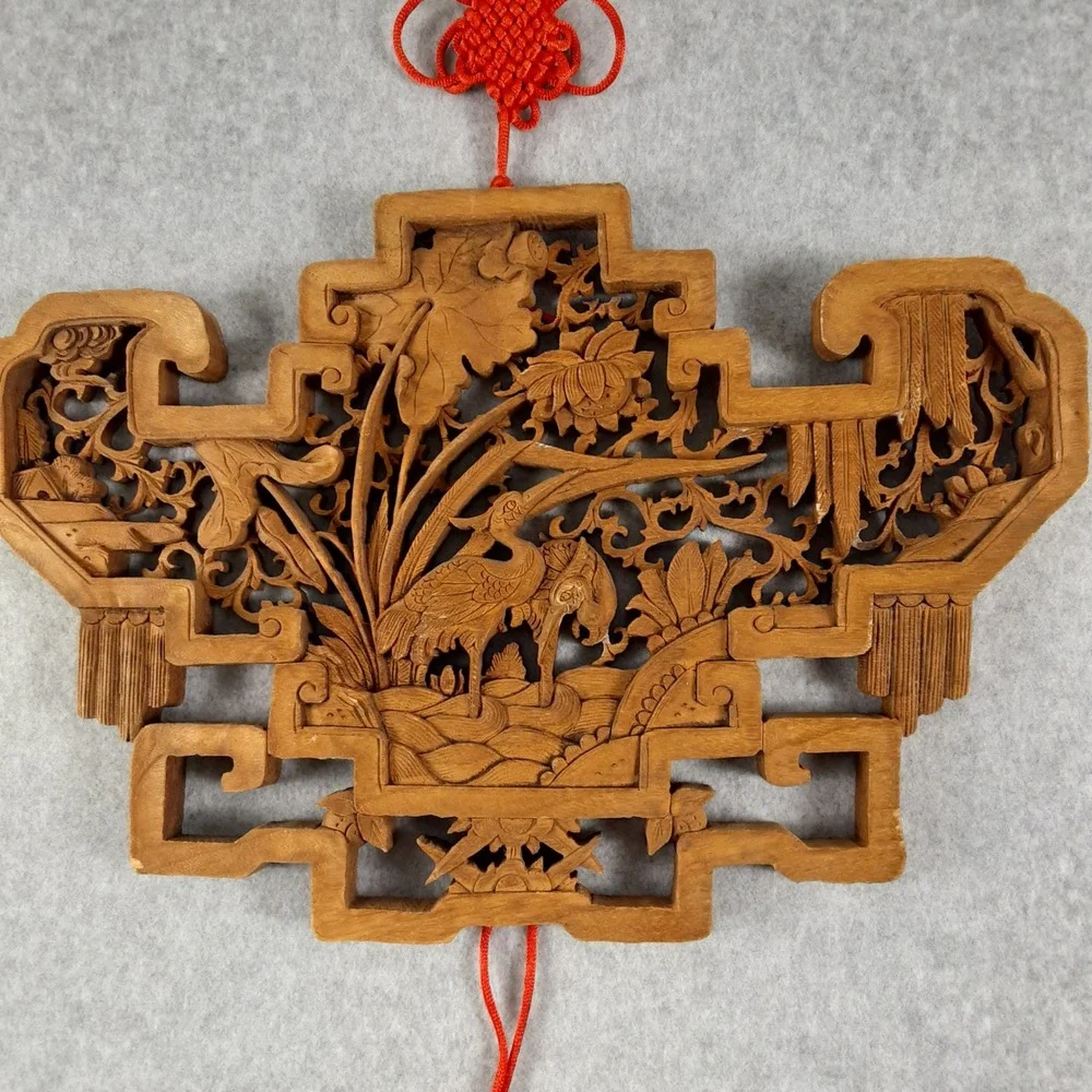 Vintage Hand Carved Wood Chinese Wall Plaque Crane Lotus Relief Art Decor 14X10